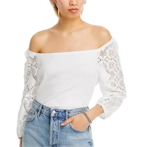 Single Thread Gauze Knit Off Shoulder Top Lace Sleeve Convertible White S NWT